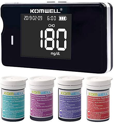 KOMWELL Blood Cholesterol Monitor Kit 4 in 1 Meter System Komwell Blood Cholesterol, Blood Glucose, Hemoglobin and Blood Uric Acid Test Kit