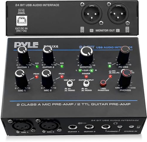 Pyle Professional USB Audio Interface with MIC, Guitar, AUX Stereo Inputs, Phone/Monitor Outputs, Ideal for Computer Playing & Recording, Compact Rugged Metal Housing - PMUX6