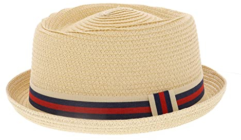 Maggna Summer Straw Pork Pie with Striped Band (as8, Alpha, x_l, Red/Blue Stripe Band)