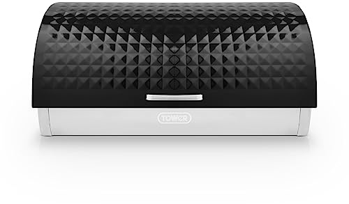 Tower Solitaire Black Roll Top Bread Bin, Large Capacity, Steel Lid with Bar Handle, Contemporary Embossed Diamond Design, T826206BLK