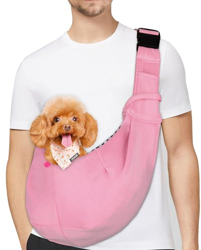 PetLoft Transportin Perro Pequeño,Bolso Bandolera para Perro,Ajustable Bolsa de Hombro Cruzada para Perro con Gancho de Collar para Perros/Gatos/Conejos de hasta 11 Libras,Rosa Claro