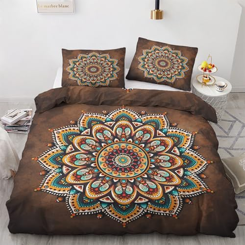 GEDAEUBA Mandala Bettwäsche 135x200 - Braun Vintage Bettbezug 135 x 200 2er Set, Wendebettwäsche und Kissenbezug 80x80, Weiche & Angenehme Mikrofaser Bettwäsche-Sets mit Reißverschluss