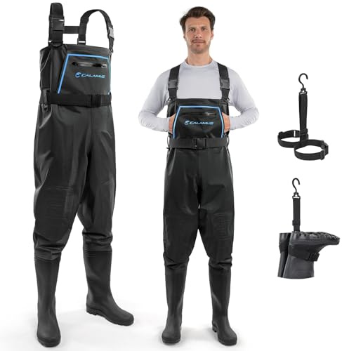 Calamus WaveWalker Fishing Waders for Men & Women, 100% Waterproof PVC Chest Waders with Slip-Resistant Boots, Tear-Resistant Nylon, Ample Storage, Wader Hanger, Black, M5/W7