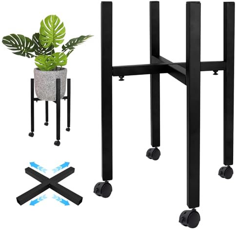 JNUYISW Verstellbarer Pflanzenständer, Blumenständer Metall Schwarz mit 4 Umlenkrollen für 24-38 cm Verschiedene Topfgrößen Blumenhocker Pflanzenhocker für Haus Garten Innen Außen Dekoration