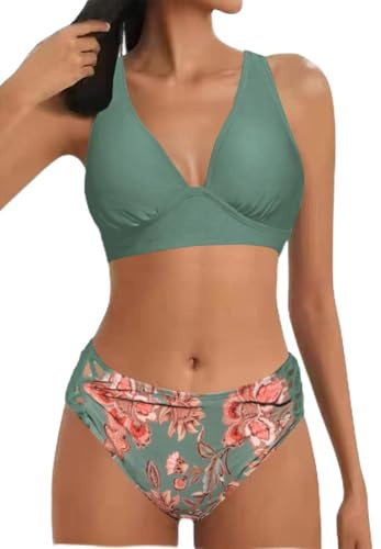 Women Bikini Set V Neck Swimsuit High Waist Lace Up Mid Rise Two Piece Bathing Suit Wide Strap Triangle Bikini Push Up Swimming Costume(Green Flowers,S)
