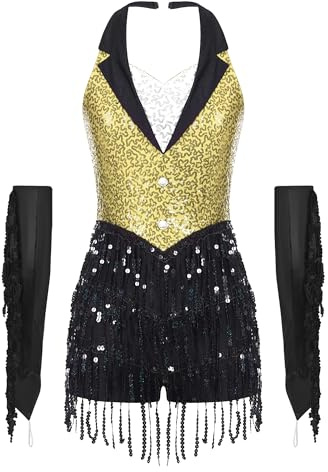 CHICTRY Costume Danse Jazz Déguisement Année 70 Femme Paillette Robe Danse Latine Disco Performance Gants Fête Spectacle #S-XXL Jaune S