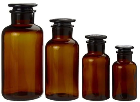 UNIQUE HOME LIVING Apothecary Jar Set of 4 Reagent Bottles, Amber Glass Storage Jars with Lid, Refillable Container for Herbs, Spices, Oils, Bath Salts, Lotion, Perfume - 1000ml, 500ml, 250ml & 125ml