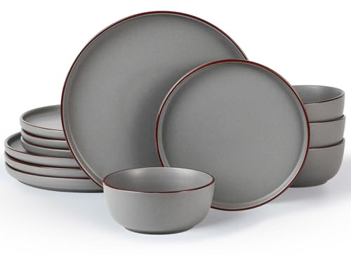 Richmount Mercury Plates and Bowls Sets, Speckled 12-Piece Plate Set, Stoneware Dinner Set for 4 with Dinner Plates, Dessert Plates, Cereal Bowls, Microwave & Dishwasher Safe, Dark Grey