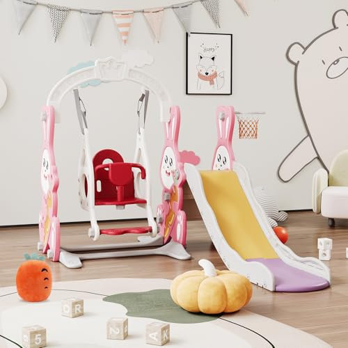 Toboggan pour Enfants 4 en 1, Toboggan et Balançoire pour Tout-Petits avec Panier de Basket et Échelle d'escalade, Versatile Toboggan Bebe pour Aire de Jeux Intérieure et Extérieure(Couleur Rose)
