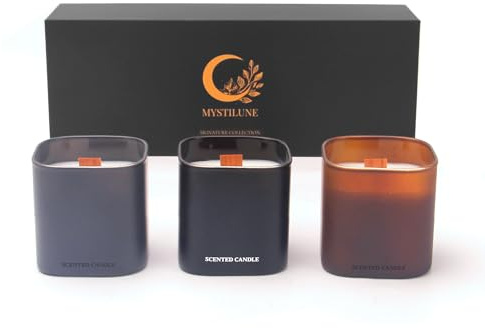 MystiLune Signature Collection – Set de 3 Velas Aromáticas para Regalo con Mecha de Madera | Amber Seduction, Red Teakwood y Champagne | Cera Vegana Soja y Carnauba | Regalos Originales para Mujer