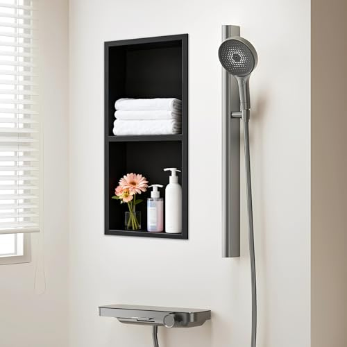 JAOGAUS Nicho de ducha empotrable de acero inoxidable 304, nicho de pared empotrable de doble capa, nicho de ducha con divisor hueco, resistente a la corrosión, fácil de limpiar, para champú y gel de