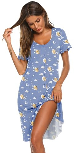 Ekouaer Sleepshirts Women Nightdress Short Sleeve Nightshirt Button Down Nightgown Sleepdress Summer, Teddy Bear Blue X-Large