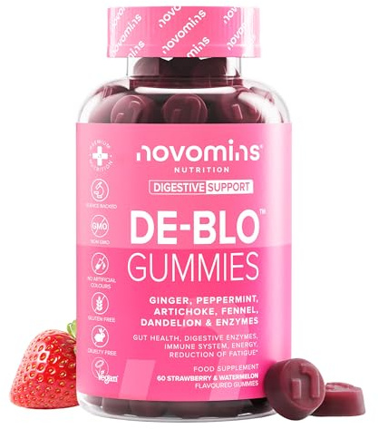 De-Blo Gummies - Digestive Enzyme Supplement - with Bromelain Enzyme, Inulin, Peppermint, Ginger, Probiotics for Gut Health, Apple Cider Vinegar - Gluten-Free & Vegan - 60 Gummies - Novomins