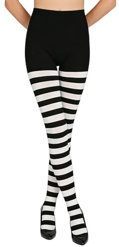 XDGBGFN randiga strumpbyxor dam, randiga strumpbyxor damfötter randiga ogenomskinliga strumpor för karneval halloween temafester, Svartvit, one size