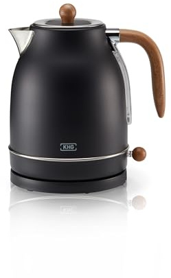 KHG Wasserkocher WK 2200 MSH 1,7 L 2200 W Retro Design Holzapplikationen kabellos 360° Sockel verdecktes Heizelement Abschaltautomatik Trockengehschutz matt schwarz