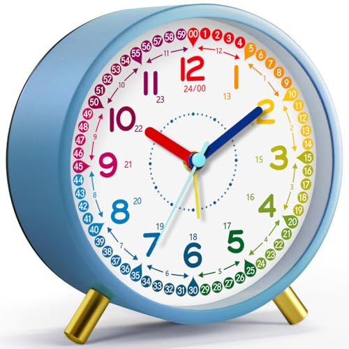 Zonopy Kids Alarm Clock, Silent Non-Ticking, Analog Learning Clock for School Beginners, Stylish Round Metal Clock, Easy to Read, Battery Operated