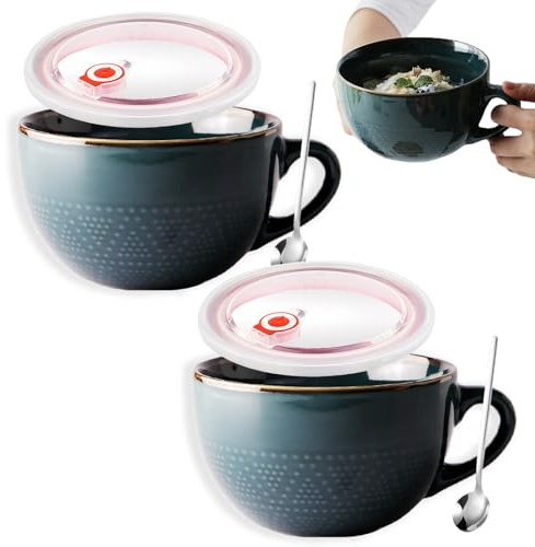 Tazza grande in ceramica, 700 ml, 2 tazze da caffè, tazza da colazione, forno a microonde, ciotola in ceramica, grande insalatiera, adatta per caffè al latte e dessert (nero)