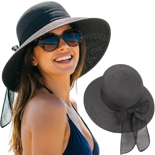 DRESHOW Solhattar för Kvinnor Resevänlig Hopfällbar Strandhatt Sommarhatt med Bred Brätte Stråhatt med Vindskydd UPF 50+