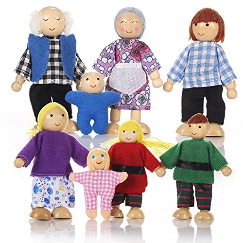 Jzszera Wooden Doll House Family of 8 Little Figures, Cute Dollhouse People for Girls Toddlers