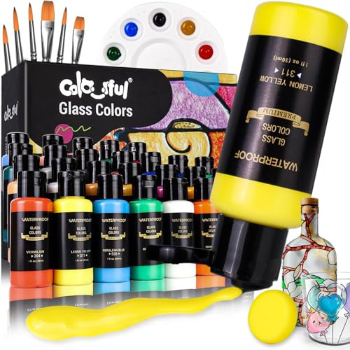 Kit de pintura permanente con 6 pinceles, 1 paleta y 1 esponja, 30 ml/botella, pintura de vidrio de 26 colores para galería, ventana, arte