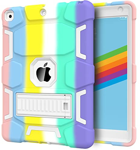CCMAO Étui pour iPad 9e génération, iPad 8e/7e génération, iPad 10.2 2021/2020/2019 avec béquille - Coque de protection rigide hybride à trois couches - Arc-en-ciel
