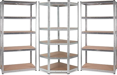 Stagecaptain Heavyrack Lager-Eckregal Extended Set - Bestehend aus 2 geraden Regalen und einem Eckregal - Jeweils 5 variabel montierbare Böden - Tragkraft pro Boden max. 175 kg - Verzinkt - Silber