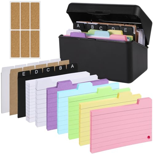 Boîte D'index Noire, 15 x 9,5 x 8,5cm Boîtes à Fiches Boite Flash Card Comprend 230 Fiches Lignées Colorées 15 Registres 6 Anneaux 6 Autocollants pour Apprentissage Notes Bureau Maison