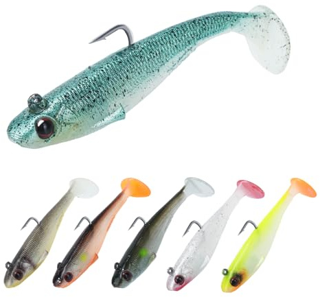 6Piezas Señuelos Pesca Cebos Artificiales Suaves PVC Señuelos de Pesca Cebo Realista para Lubina Lucio Carpa Cebo Artificial de un Solo Gancho Cola Grande Señuelo de Pesca para Agua Dulce Mar