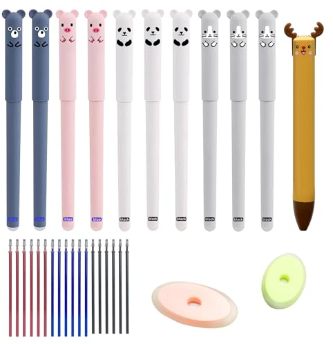 FZSECRIU Radierbarer Kugelschreiber,10 Stück Tintenroller Radierbar Mit 18 Nachfüllungen, Mit 2 Cartoon-Radierstift, stift radierbar, radierbarer kugelschreiber, Geschenk, Schule, Bürobedarf