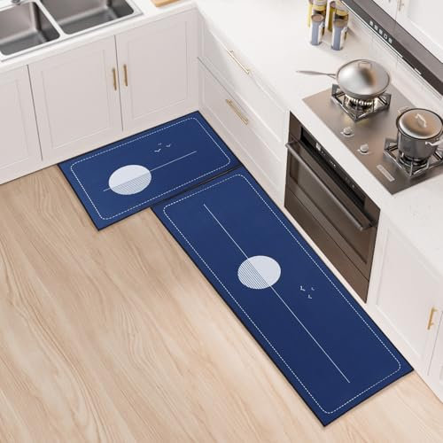 LY4U Juegos de Alfombras de Cocina Antideslizantes Lavables, Antideslizantes 2 Piezas Alfombras de Cocina Corredor para Decoración del Hogar, Oficina, Escritorio de Pie, 43x75+43x120cm, Azul