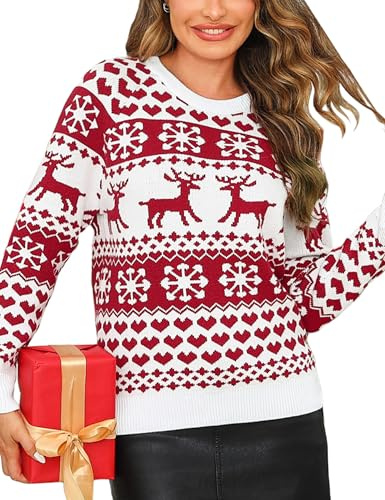 Leversic Pull de Noel Moche Femme Hiver Blanc L Christmas Jumper Pull Manches Longues Femme