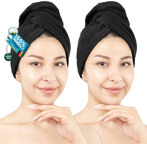 Hammetex Haartuch Damen 2er Set – Haarhandtuch aus 100% Baumwolle – Oeko-TEX Zertifiziert – Weich, Saugstark – Haarturban mit Knopf, Schwarz