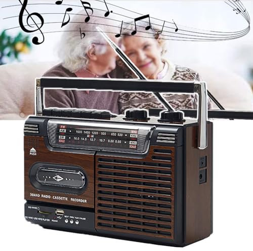 QIeAny Lettore di Cassette, Lettore di Cassette Radio retrò, Radio A 4 Bande, Ricarica/utilizzo della Batteria, Radio+Lettore di Cassette+Scheda Plug-in, Uso Domestico/Sala Conferenze,A