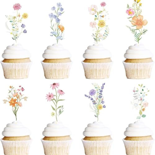 TELAIN 36 Stück Blumen Cupcake Topper, Wildblumen Baby Shower Deko, Geburtstagsdekoration für Mädchen und Frauen