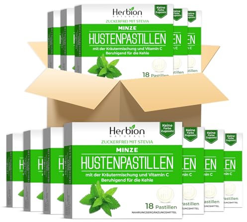 Herbion Naturals Halspastillen mit natürlichem Minzgeschmack, zuckerfrei mit Stevia, Nahrungsergänzungsmittel (1 Karton, 18 Lutschtabletten pro Karton, Packung mit 48 Stück)