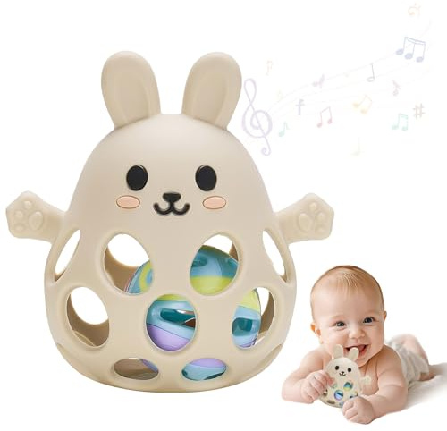 Tiusixsy Juguetes Mordedor Montessori Bebés 0-12 Meses Educativos, Pelota Sensorial Bebé, Juguete de pelota para bebé,Juguetes Sensoriales Bebe Sonajero, Regalos para recién nacidos (Beige)