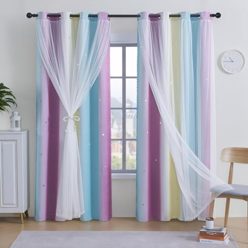 2 Panels Blackout Curtains for Bedroom,Double Layer Kids Curtain,Star Window Colorful Rainbow Curtain,Girl children Eyelet Curtains for Bedroom,Living Room,Nursery Room (Blue&Purple&Yellow, W52×L63)