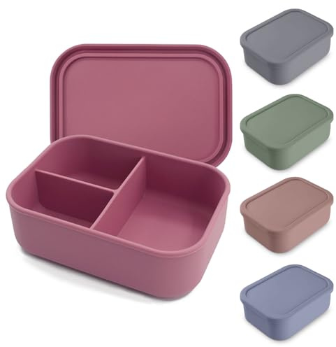 Chingcoo Fiambrera con compartimentos, fiambrera de silicona, fiambrera de 800 ml, sin BPA, apta para microondas, apta para lavavajillas, fiambrera para niños con 3 compartimentos, color rosa