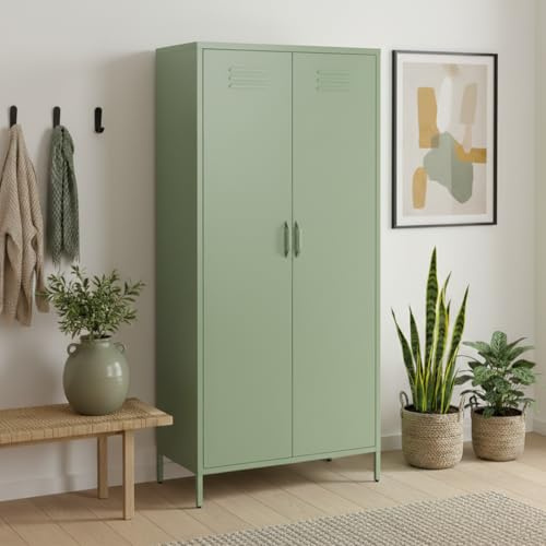 skølm Atria Kleiderschrank Metall – Metallschrank mit 6 Fächern & 2 Kleiderstangen – Garderobenschrank in Mintgrün – Metallkleiderschrank 80 cm breit – Schlafzimmerschrank – Industrial Schrank Flur