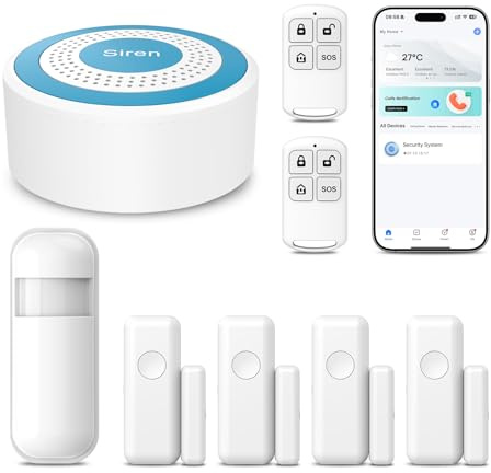 XNY Systèmes de sécurité pour maison intelligente, systèmes d'alarme sans fil avec 4 capteurs de porte et fenêtre, 1 détecteur de mouvement, 2 télécommandes, WiFi 2,4 GHz, notification d'application