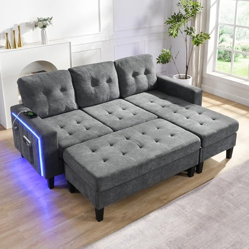 Lubvtti Sofá de esquina en L multifuncional con reposapiés móvil extra grande + iluminación ambiental LED, sofá moderno de 3 plazas, sofá cama modular (E-Gris)