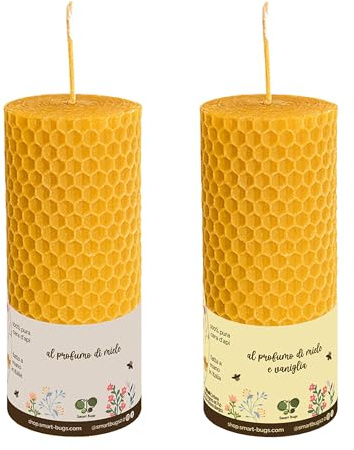 Conf. 2 Candele: 1 Miele + 1 Vaniglia - Candela Artigianale in Pura Cera d’Api 100% Naturale – Ø 5 cm x H 12,5 cm–95g– Durata 11 ore– Stoppino in Cotone – Fatto a Mano in Italia