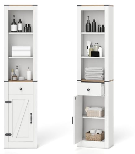 COSTWAY Armario Alto de Baño con Puerta, Mueble Columna de Baño con Cajón y 3 Estantes Ajustables, Armario Estrecho para Lavadero Sala de Estar Cocina, 40 x 24 x 173 cm, Blanco