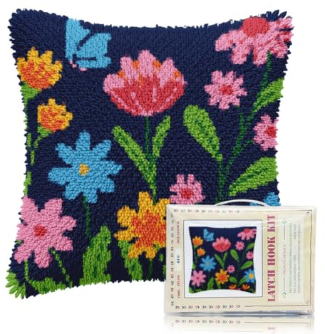 FREEBLOSS Flowers Pattern Latch Hook Pillow Kit 17x17 Inch | Printed Pillowcase DIY Pillow Cover for Handmade Cushion Decoration Sofa for Beginners Adults