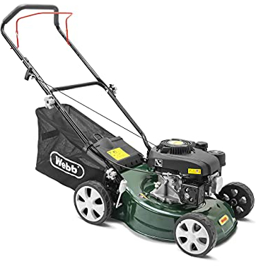 Webb WER410HP 16/41cm Push Rotary Petrol Lawnmower, 132cc 4-Stroke Engine, 7 Cutting Heights, 45L Collection Bag - 3 Year Guarantee