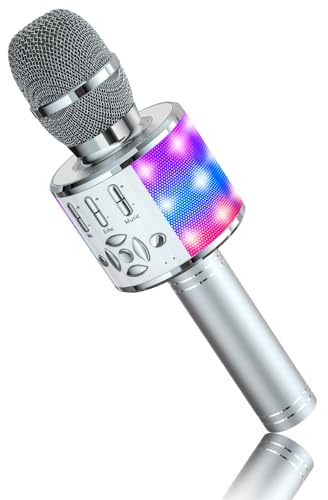 BONAOK Kabelloses Bluetooth-Mikrofon, Kindermikrofon mit LED-Lichtern, Mini-Karaoke-Maschine für Party/Zuhause/Geburtstag, kompatibel mit Bluetooth iOS Android (Silber)
