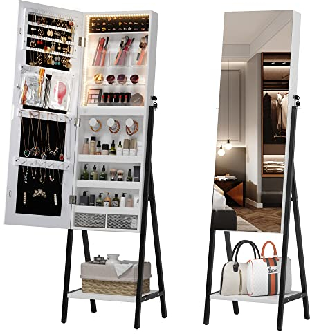 LVSOMT Schmuckschrank Stehend mit Beleuchtung, LED Schmuckschrank mit Spiegel, Schmuck Spiegelschrank Abschließbarer, 3 Farben Licht und Schmuckaufbewahrung, Unteres Regal, Geschenke für Damen, Weiß