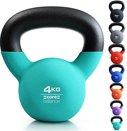 Core Balance 4kg Kettlebell Weight Cast Iron Neoprene Coated Heavy Duty Strength Training (Teal)