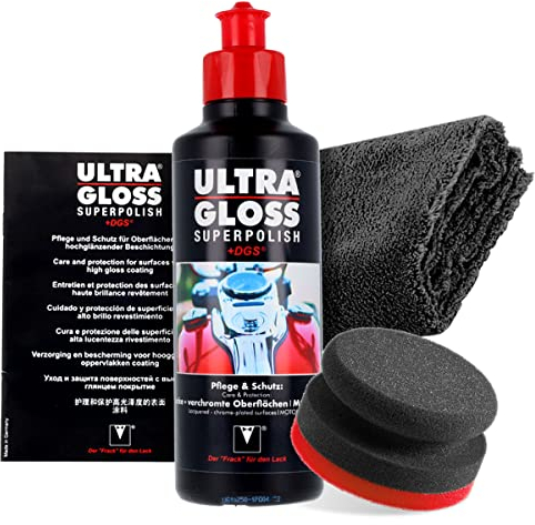 Zweirad Politur Bundle - Ultra Gloss Superpolish Motorrad 0,25L + Booklet + detailmate Poliertuch 550GSM + Garage Freaks Polierpad - Pflege & Schutz für Lacke und verchromte Oberflächen am Bike