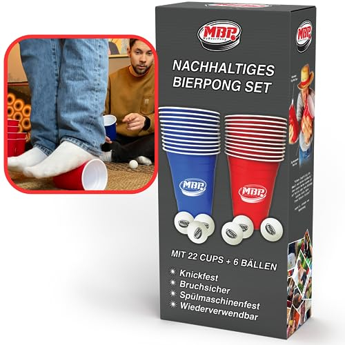 MYBEERPONG® Mehrweg Bierpong Becher Set - 22x 0,5 l Plastikbecher + 6 Tischtennisbälle | Rot & Blau | Red Cups für Beer Pong | bruchfeste Trinkbecher